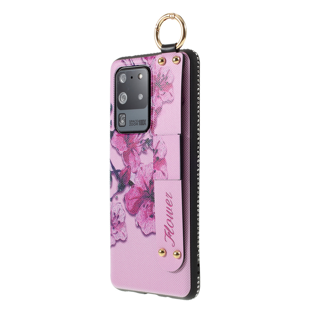 Flower Pattern Rhinestone Decor TPU Phone Casing with Hand Strap for Samsung Galaxy S20 Ultra - Pink