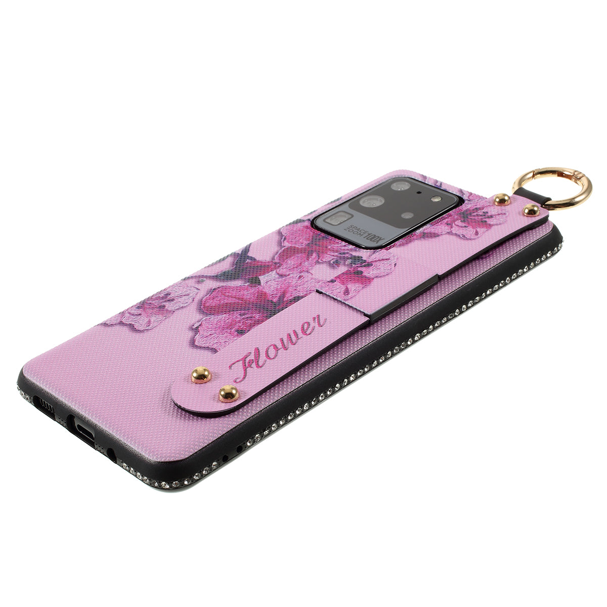 Flower Pattern Rhinestone Decor TPU Phone Casing with Hand Strap for Samsung Galaxy S20 Ultra - Pink