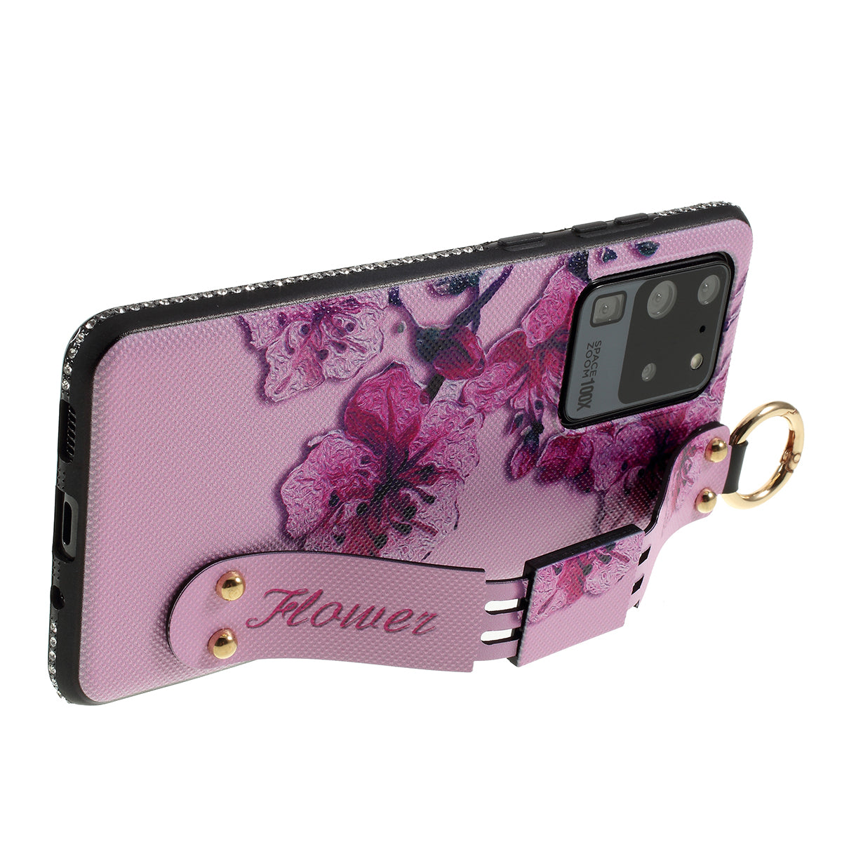 Flower Pattern Rhinestone Decor TPU Phone Casing with Hand Strap for Samsung Galaxy S20 Ultra - Pink