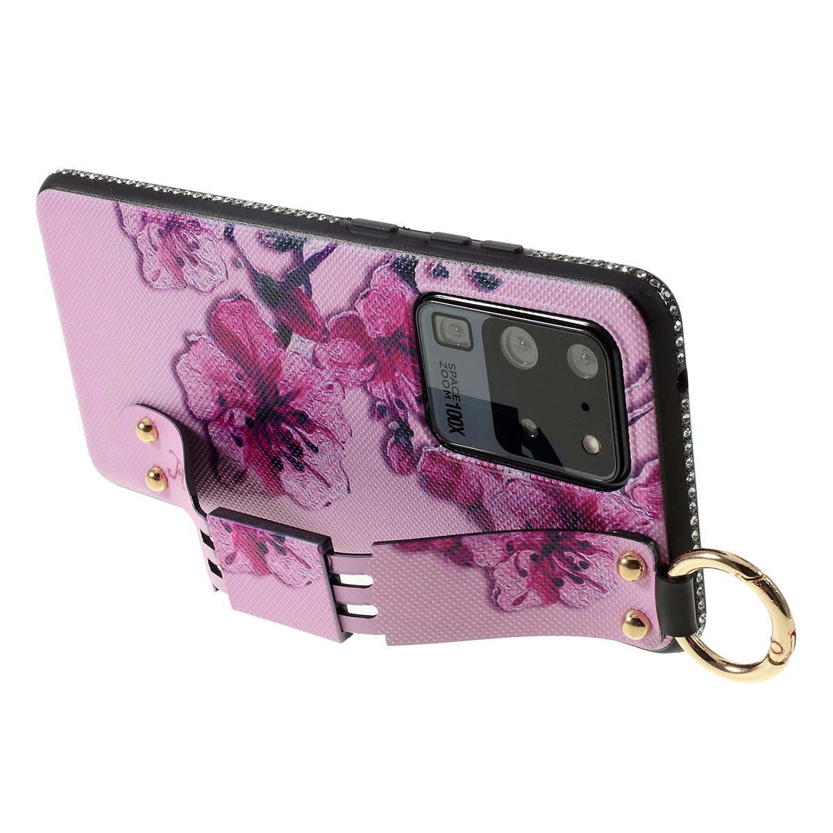 Flower Pattern Rhinestone Decor TPU Phone Casing with Hand Strap for Samsung Galaxy S20 Ultra - Pink