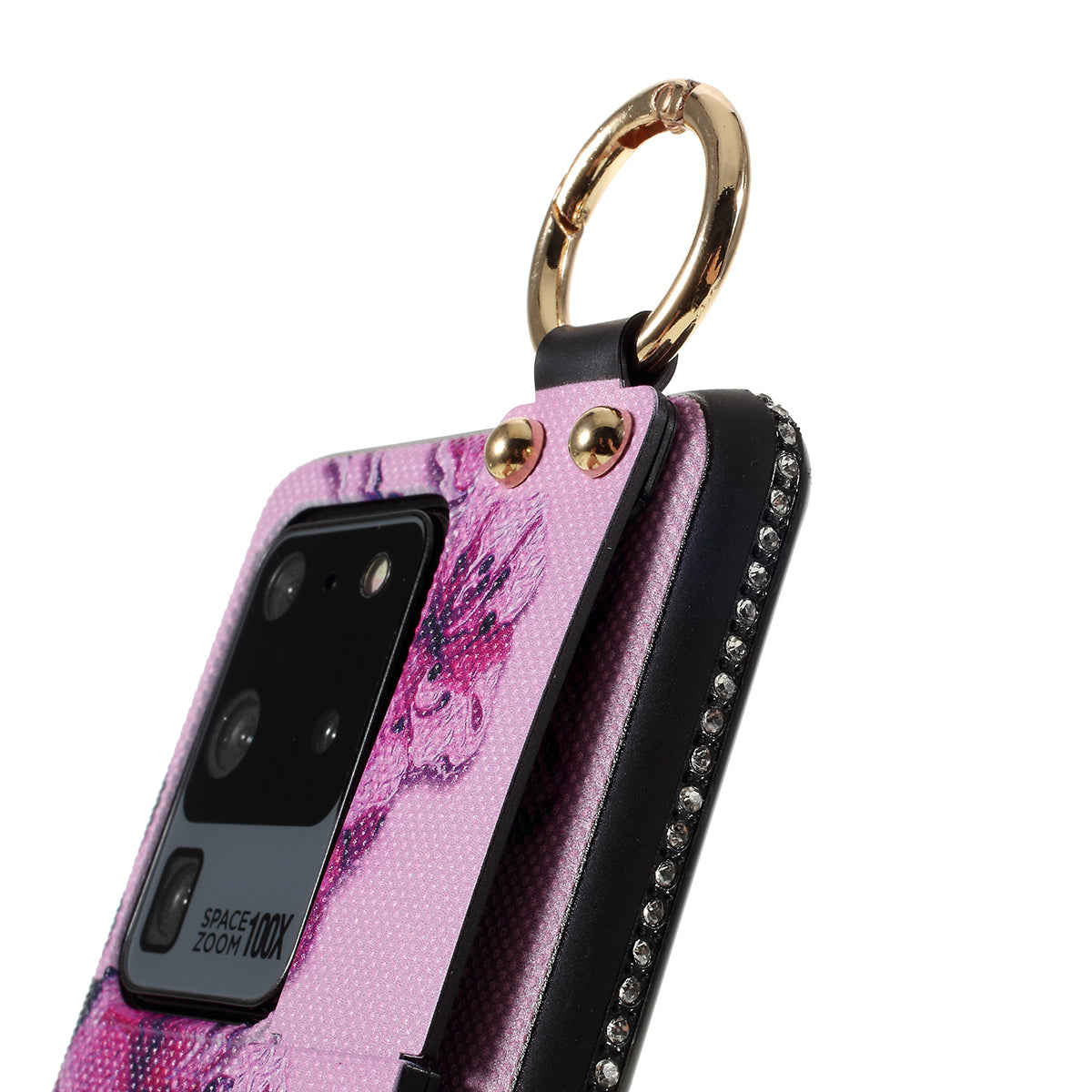 Flower Pattern Rhinestone Decor TPU Phone Casing with Hand Strap for Samsung Galaxy S20 Ultra - Pink