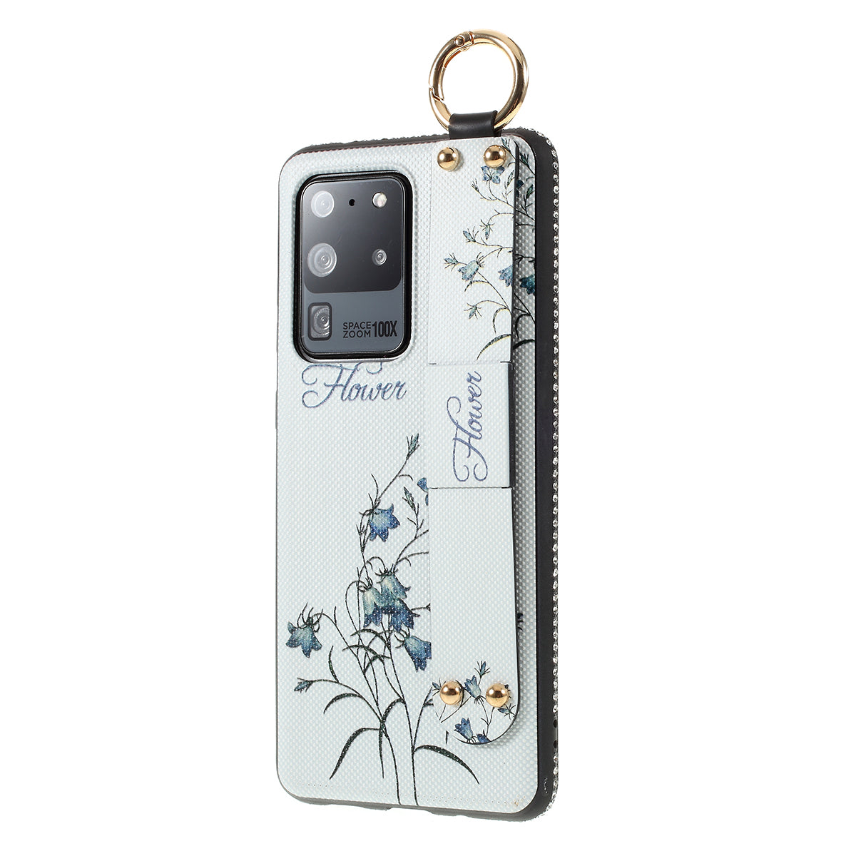 Flower Pattern Rhinestone Decor TPU Phone Casing with Hand Strap for Samsung Galaxy S20 Ultra - White