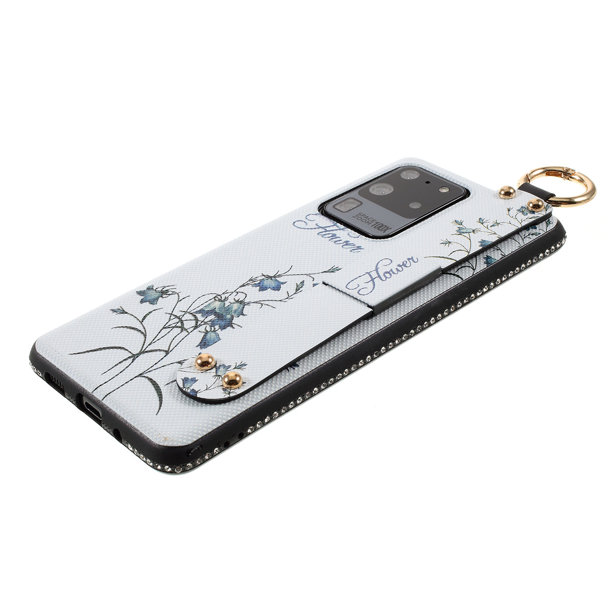 Flower Pattern Rhinestone Decor TPU Phone Casing with Hand Strap for Samsung Galaxy S20 Ultra - White