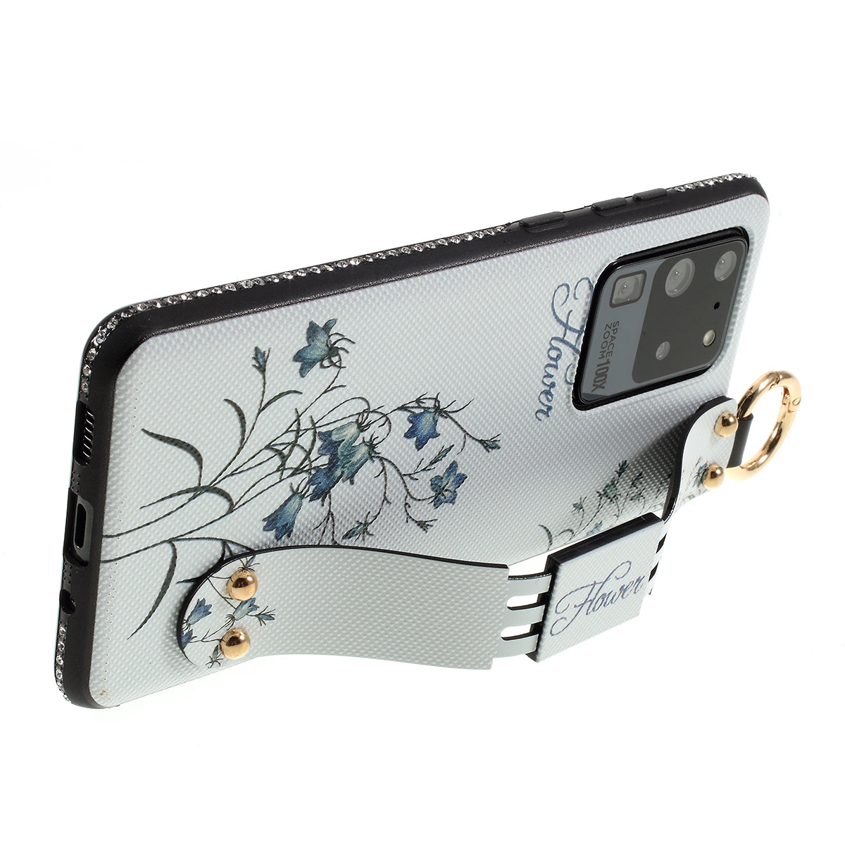 Flower Pattern Rhinestone Decor TPU Phone Casing with Hand Strap for Samsung Galaxy S20 Ultra - White