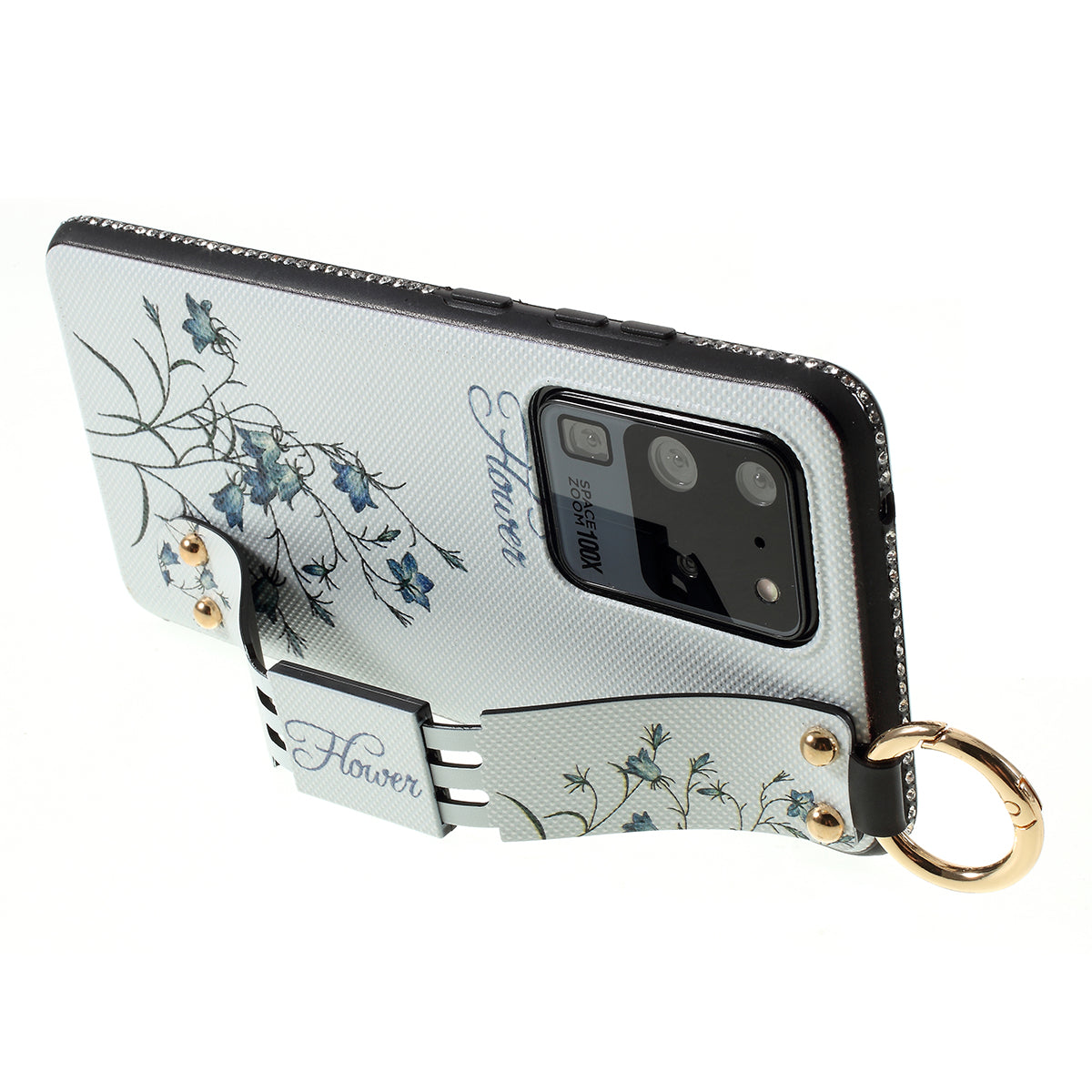 Flower Pattern Rhinestone Decor TPU Phone Casing with Hand Strap for Samsung Galaxy S20 Ultra - White