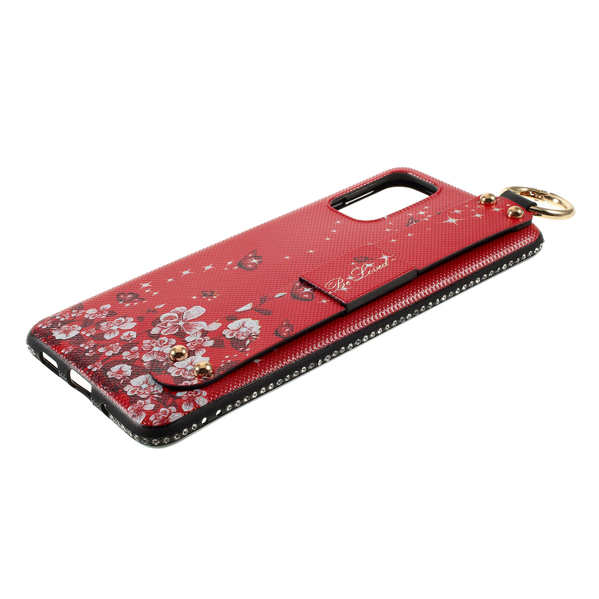 Flower Pattern TPU Rhinestone Decor Phone Cover with Hand Strap for Samsung Galaxy S20 4G/S20 5G - Red