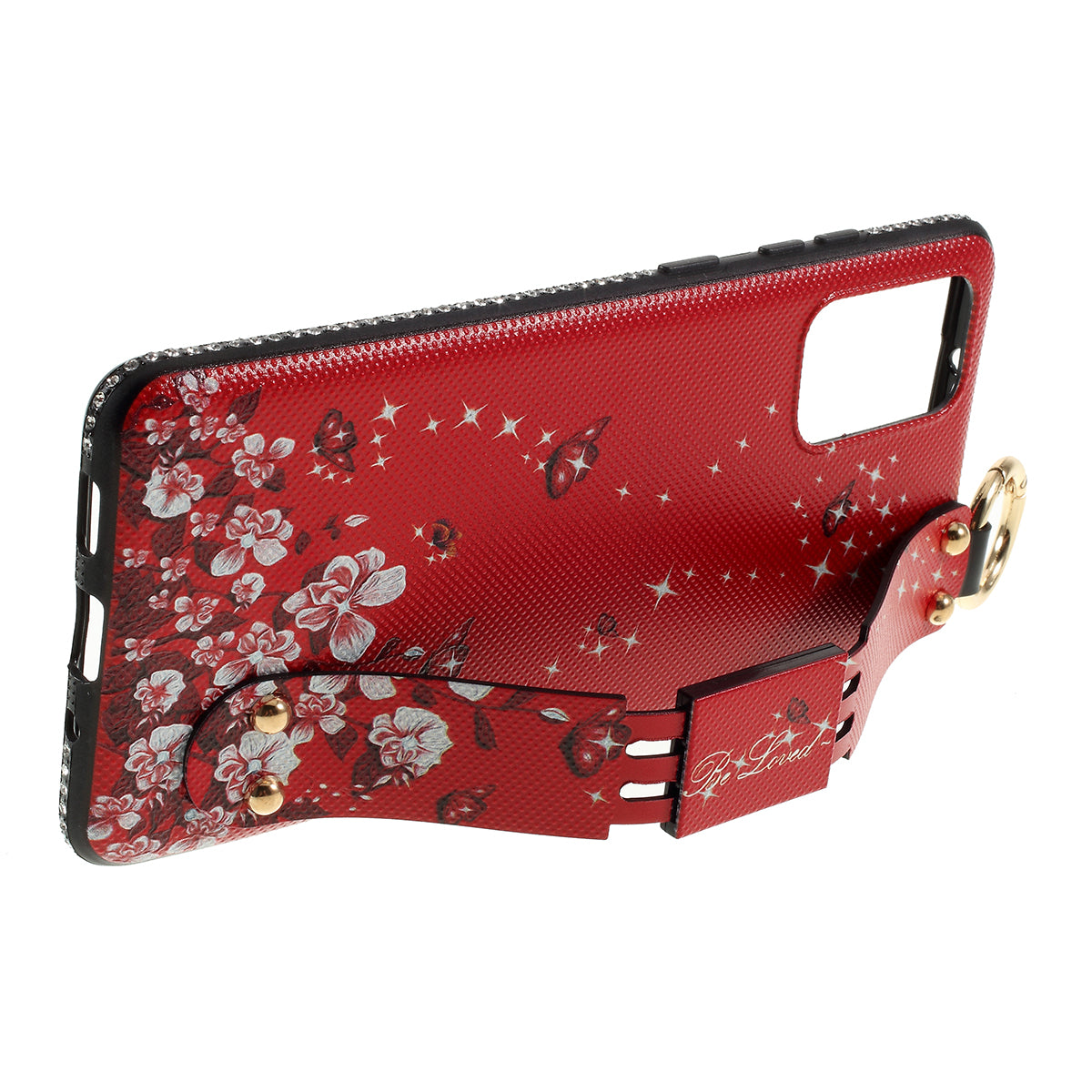 Flower Pattern TPU Rhinestone Decor Phone Cover with Hand Strap for Samsung Galaxy S20 4G/S20 5G - Red