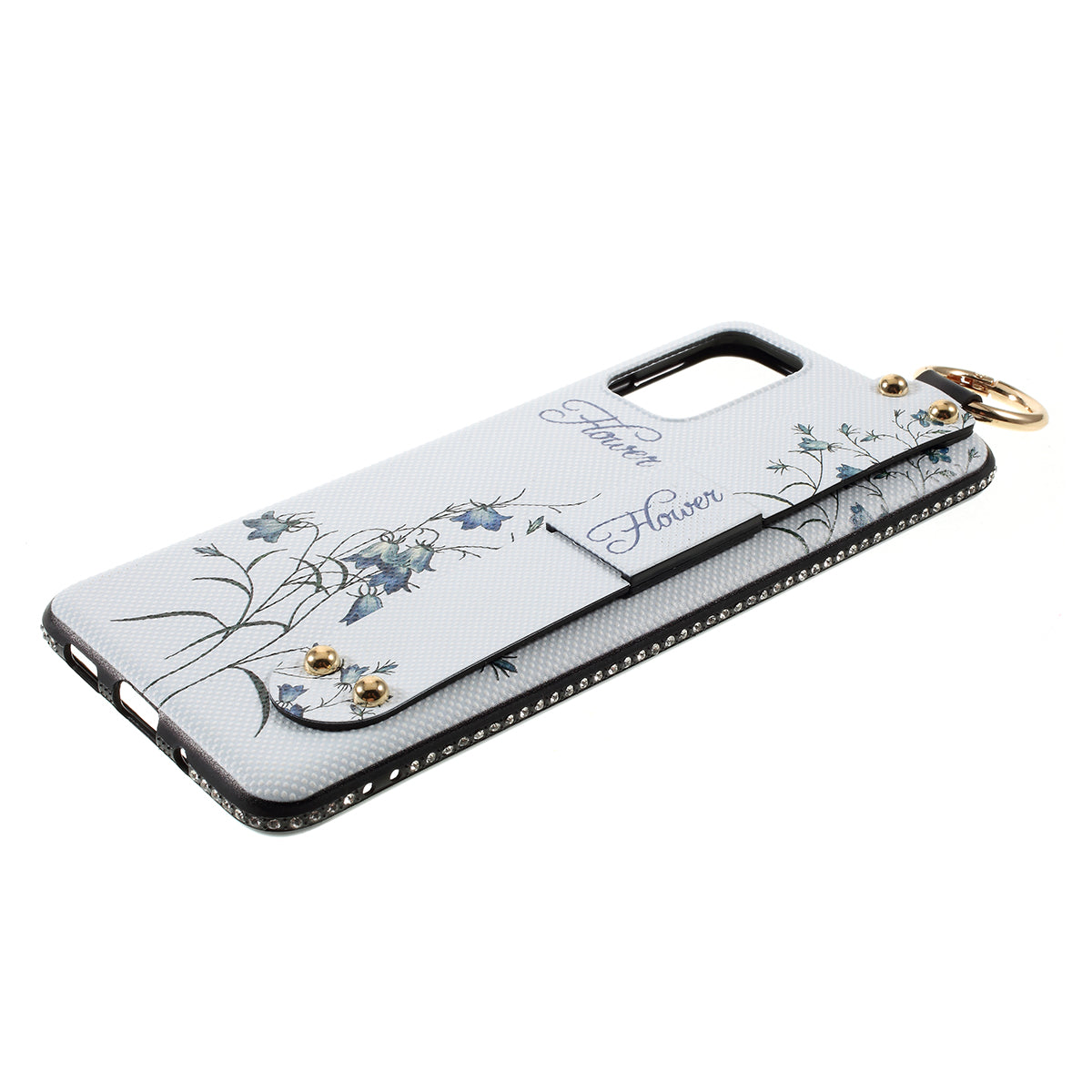 Flower Pattern TPU Rhinestone Decor Phone Cover with Hand Strap for Samsung Galaxy S20 4G/S20 5G - White