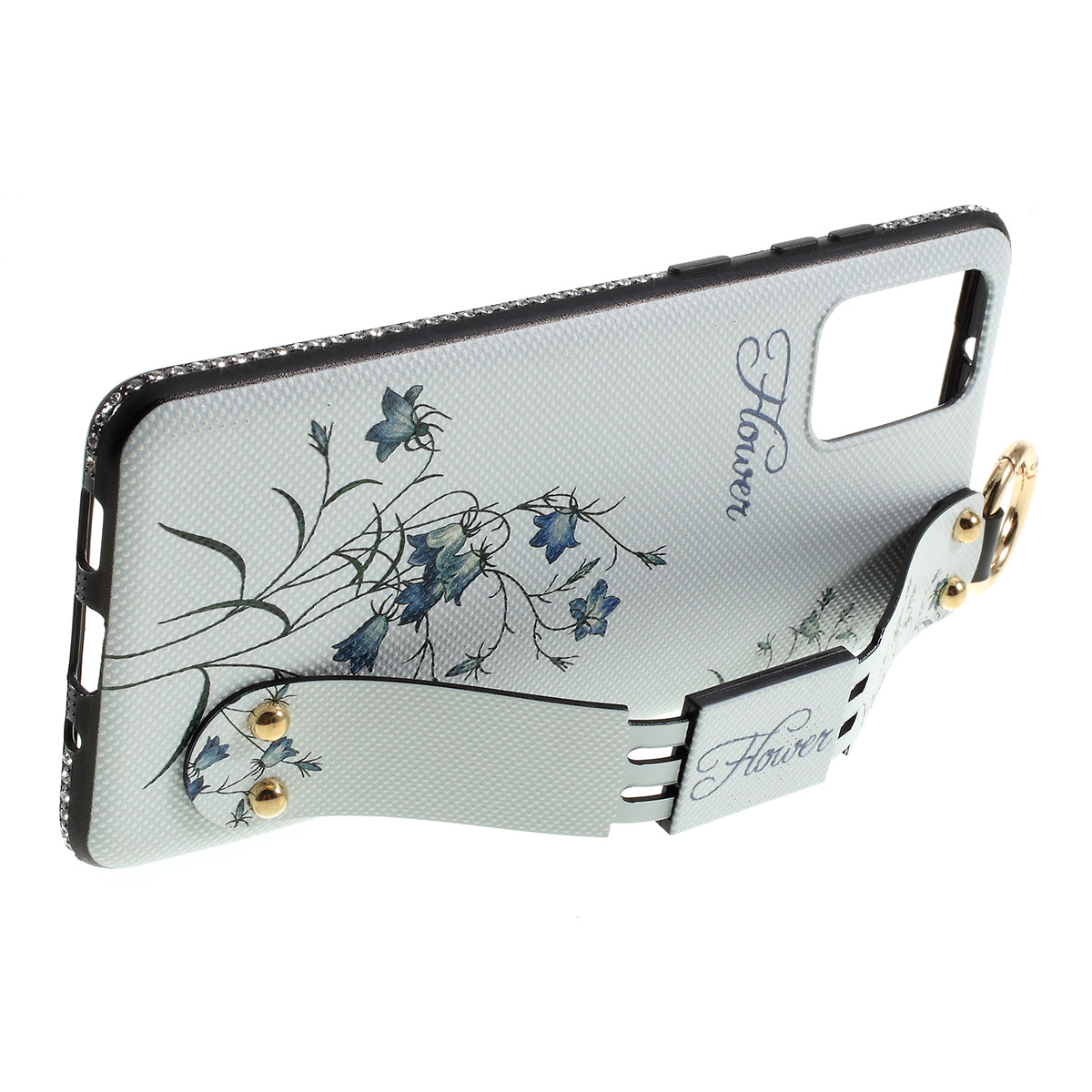 Flower Pattern TPU Rhinestone Decor Phone Cover with Hand Strap for Samsung Galaxy S20 4G/S20 5G - White