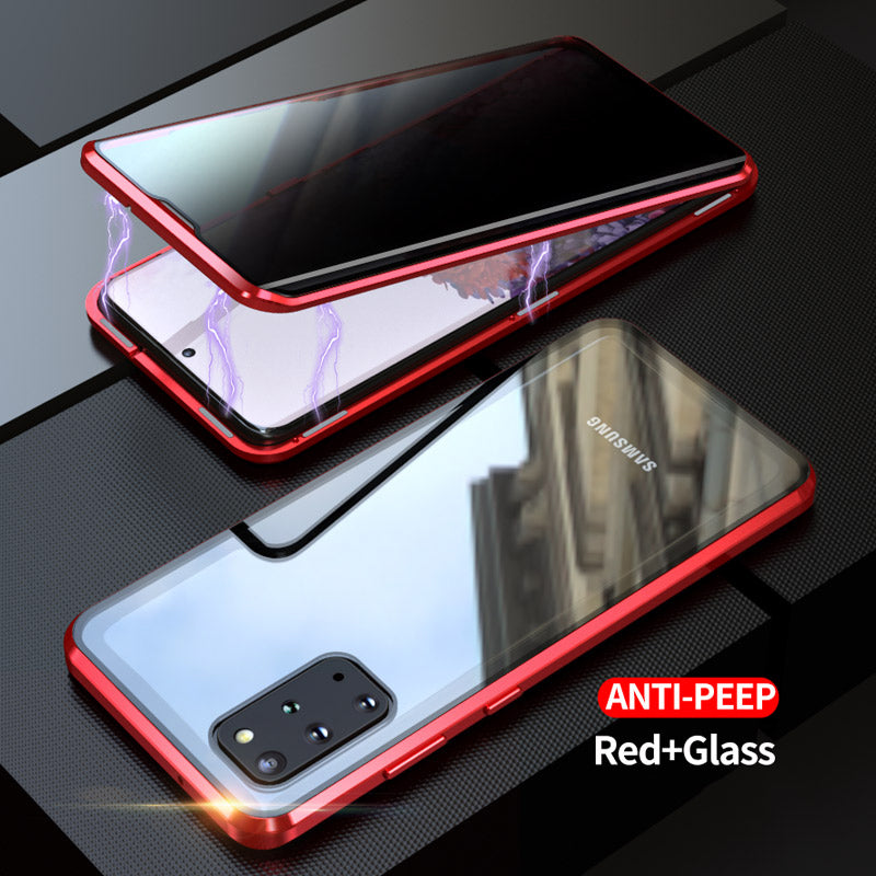 Anti-peep Magnetic Installation Metal Frame + Tempered Glass Phone Cover [Not Support Fingerprint Unlock] for Samsung Galaxy S20 Plus - Red