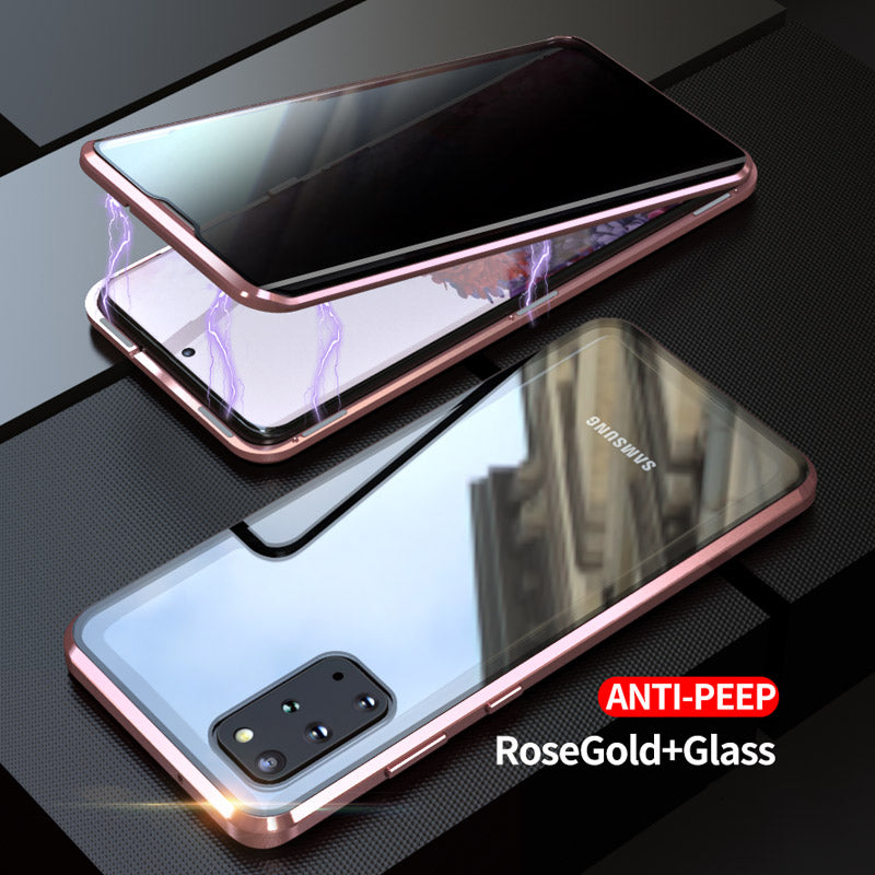 Anti-peep Magnetic Installation Metal Frame + Tempered Glass Phone Cover [Not Support Fingerprint Unlock] for Samsung Galaxy S20 Plus - Rose Gold