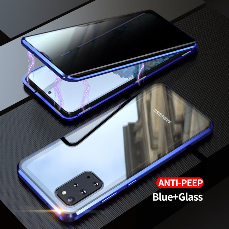 Anti-peep Magnetic Installation Metal Frame + Tempered Glass Phone Cover [Not Support Fingerprint Unlock] for Samsung Galaxy S20 Plus - Blue