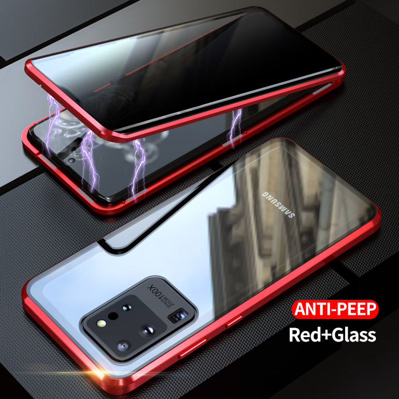 Anti-peep Magnetic Installation Metal Frame + Tempered Glass Combo Case [Not Support Fingerprint Unlock] for Samsung Galaxy S20 Ultra - Red