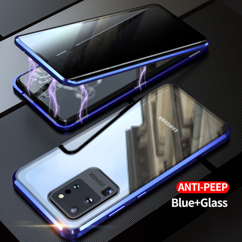 Anti-peep Magnetic Installation Metal Frame + Tempered Glass Combo Case [Not Support Fingerprint Unlock] for Samsung Galaxy S20 Ultra - Blue