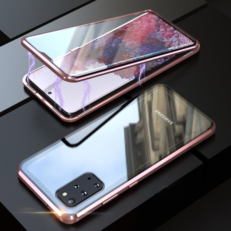 Magnetic Installation Metal Frame + Tempered Glass Full Covering Hybrid Case [Support Fingerprint Unlock] for Samsung Galaxy S20 Plus - Rose Gold