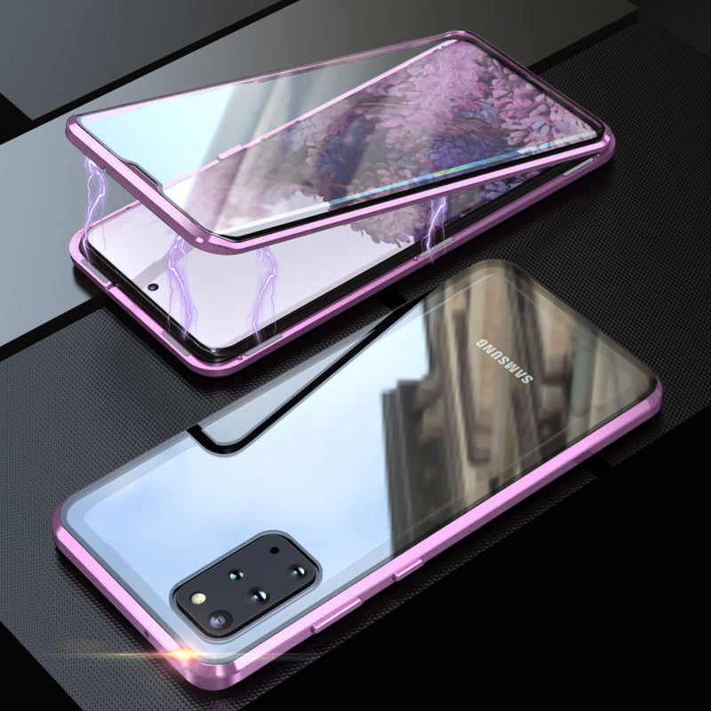 Magnetic Installation Metal Frame + Tempered Glass Full Covering Hybrid Case [Support Fingerprint Unlock] for Samsung Galaxy S20 Plus - Purple