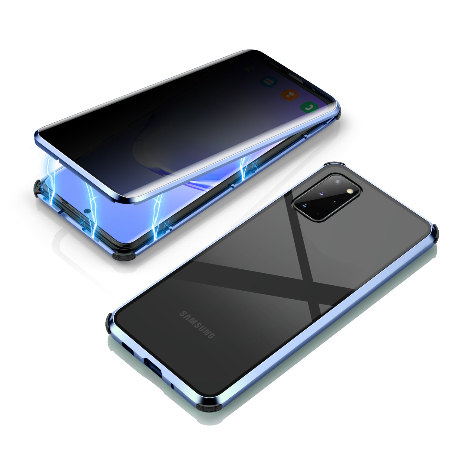 Shockproof Anti-peep Magnetic Metal Frame + Tempered Glass Hybrid Case [Not Support Fingerprint Unlock] for Samsung Galaxy S20 Plus - Blue