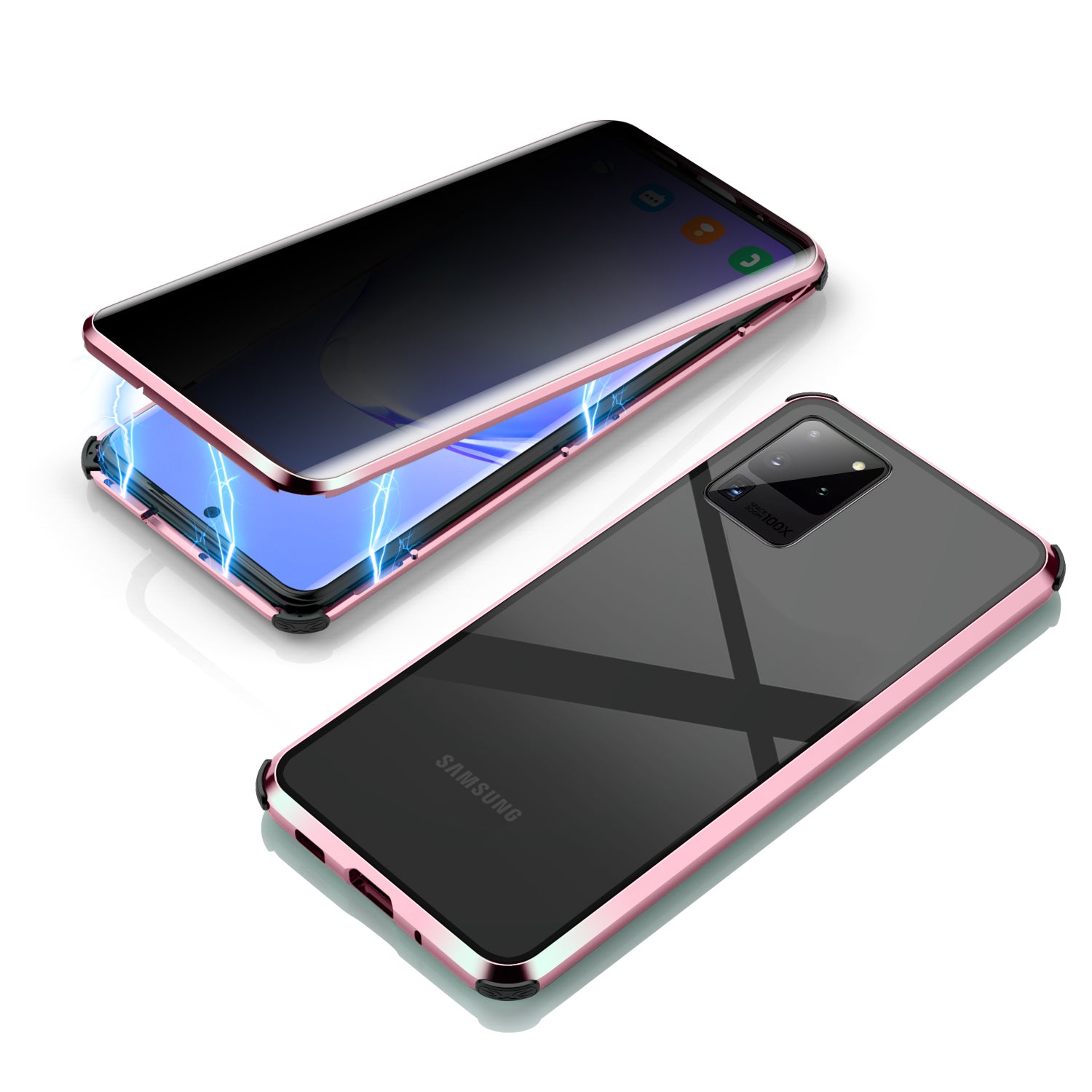 Shockproof Anti-peep Magnetic Metal Frame + Tempered Glass Combo Case [Not Support Fingerprint Unlock] for Samsung Galaxy S20 Ultra - Pink