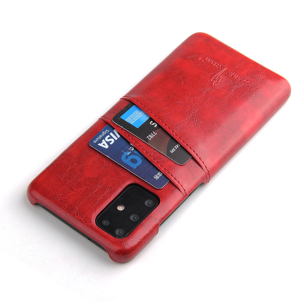 FIERRE SHANN Oil Wax PU Leather Coated PC Phone Shell with Card Slots for Samsung Galaxy S20 4G/S20 5G - Red