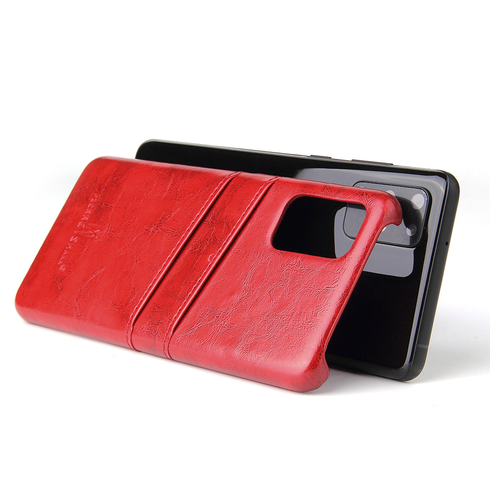 FIERRE SHANN Oil Wax PU Leather Coated PC Phone Shell with Card Slots for Samsung Galaxy S20 4G/S20 5G - Red