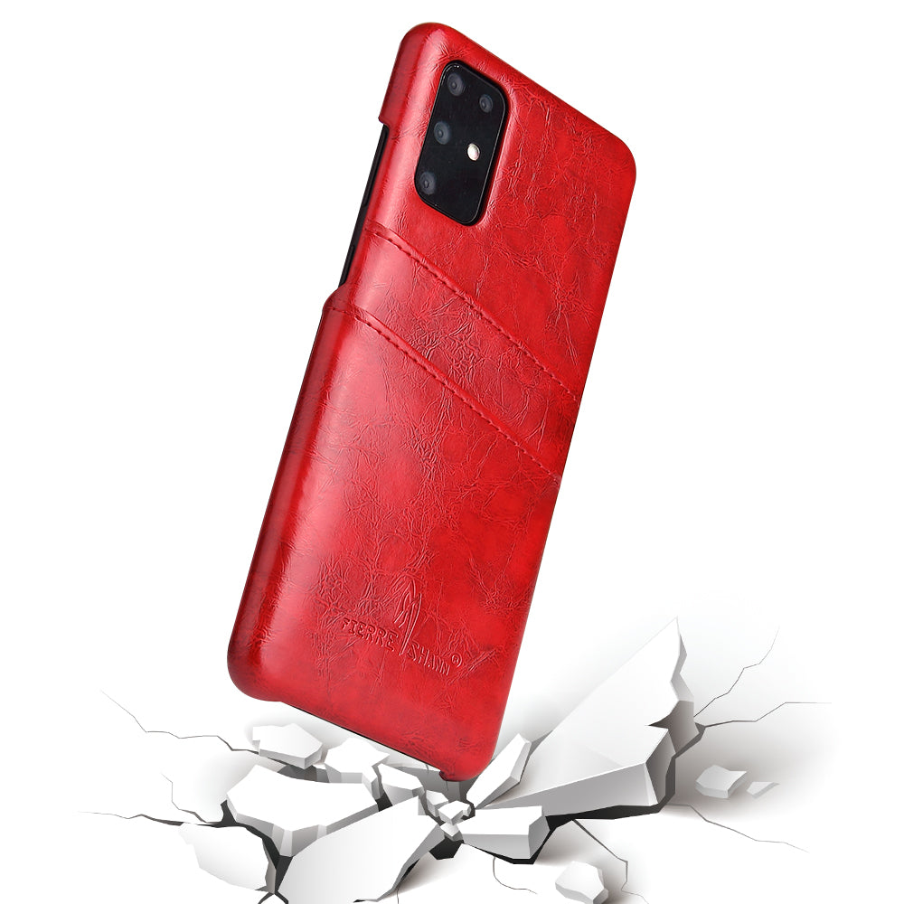 FIERRE SHANN Oil Wax PU Leather Coated PC Phone Shell with Card Slots for Samsung Galaxy S20 4G/S20 5G - Red