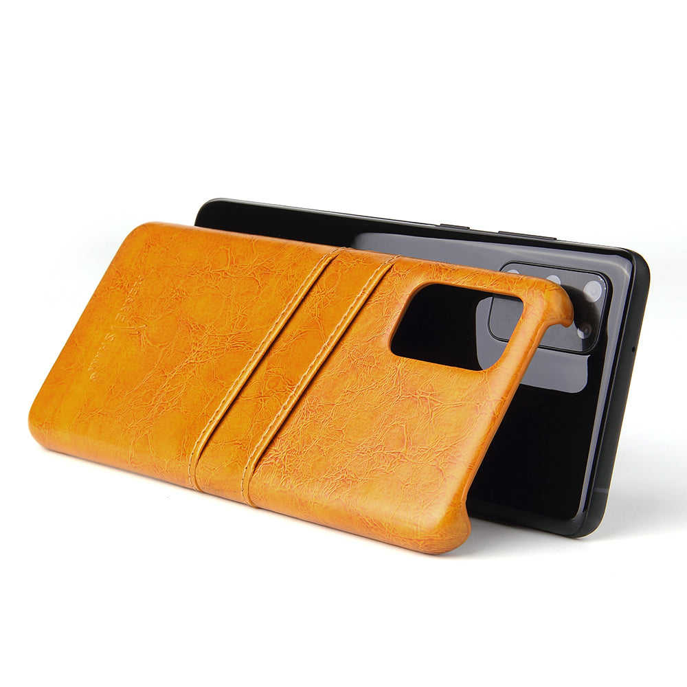 FIERRE SHANN Oil Wax PU Leather Coated PC Phone Shell with Card Slots for Samsung Galaxy S20 4G/S20 5G - Orange