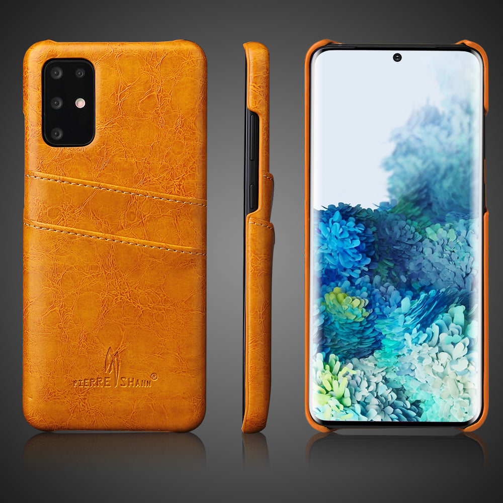 FIERRE SHANN Oil Wax PU Leather Coated PC Phone Shell with Card Slots for Samsung Galaxy S20 4G/S20 5G - Orange