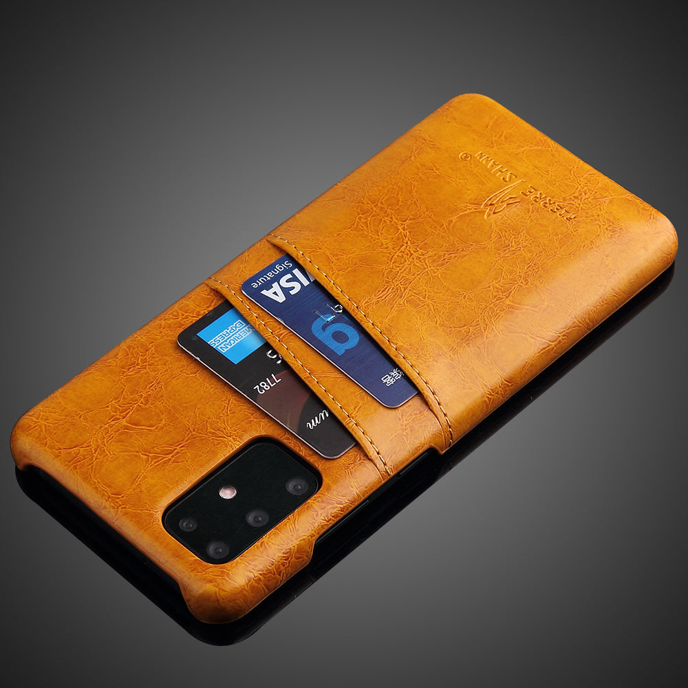 FIERRE SHANN Oil Wax PU Leather Coated PC Phone Shell with Card Slots for Samsung Galaxy S20 4G/S20 5G - Orange