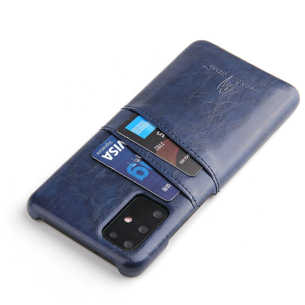 FIERRE SHANN Oil Wax PU Leather Coated PC Phone Shell with Card Slots for Samsung Galaxy S20 4G/S20 5G - Blue