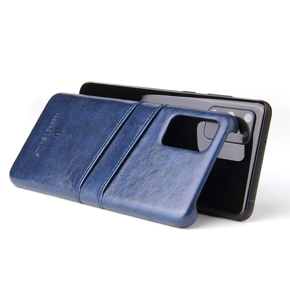 FIERRE SHANN Oil Wax PU Leather Coated PC Phone Shell with Card Slots for Samsung Galaxy S20 4G/S20 5G - Blue