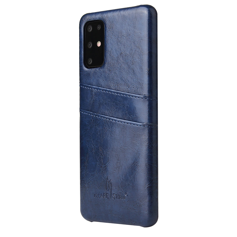 FIERRE SHANN Oil Wax PU Leather Coated PC Phone Shell with Card Slots for Samsung Galaxy S20 4G/S20 5G - Blue