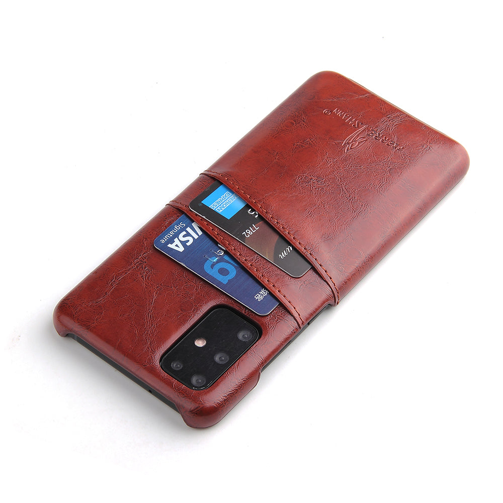 FIERRE SHANN Oil Wax PU Leather Coated PC Phone Shell with Card Slots for Samsung Galaxy S20 4G/S20 5G - Brown