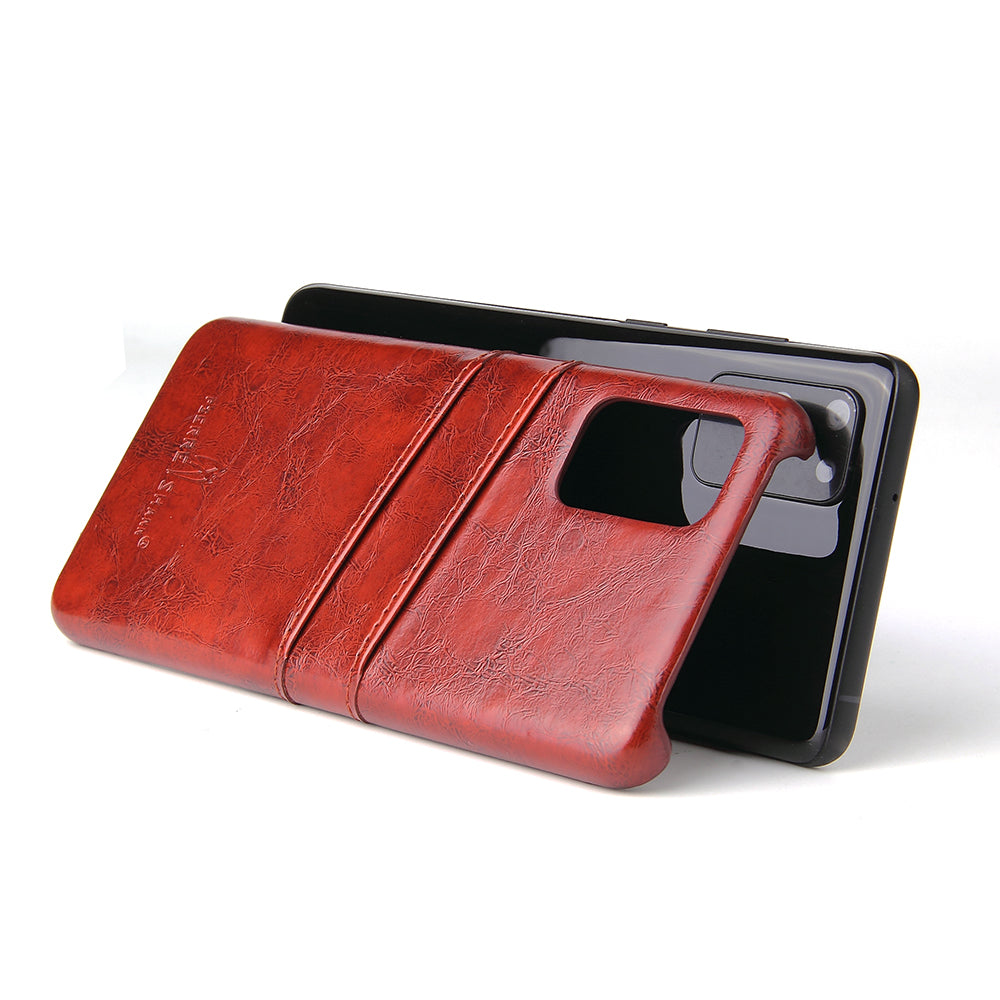 FIERRE SHANN Oil Wax PU Leather Coated PC Phone Shell with Card Slots for Samsung Galaxy S20 4G/S20 5G - Brown