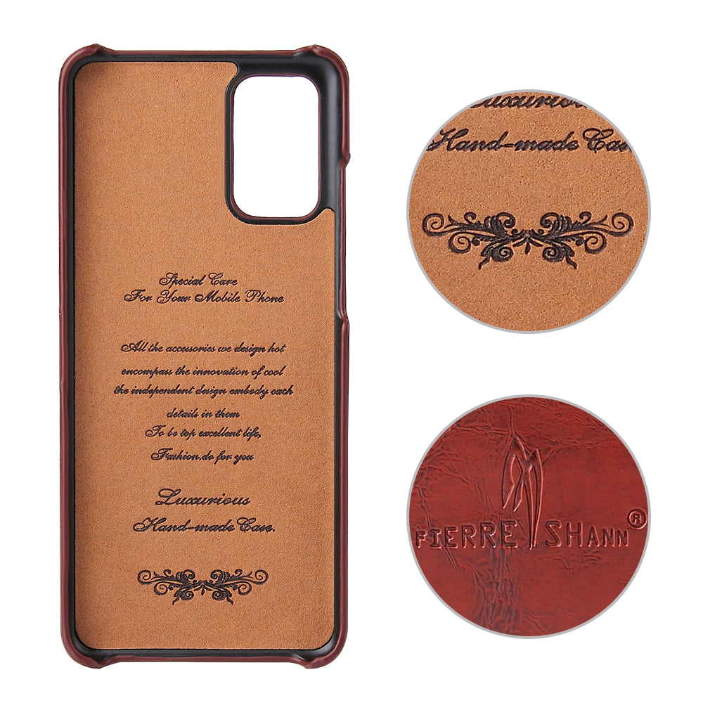 FIERRE SHANN Oil Wax PU Leather Coated PC Phone Shell with Card Slots for Samsung Galaxy S20 4G/S20 5G - Brown