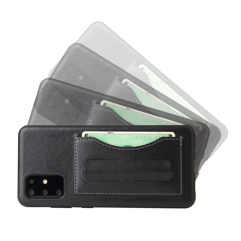 FIERRE SHANN PU Leather+PC+TPU Phone Back Case with Card Slot Kickstand for Samsung Galaxy S20 4G/S20 5G - Black