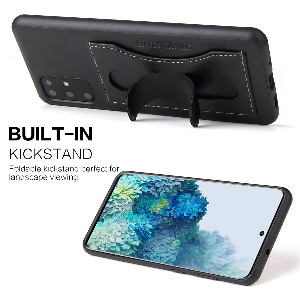 FIERRE SHANN PU Leather+PC+TPU Phone Back Case with Card Slot Kickstand for Samsung Galaxy S20 4G/S20 5G - Black