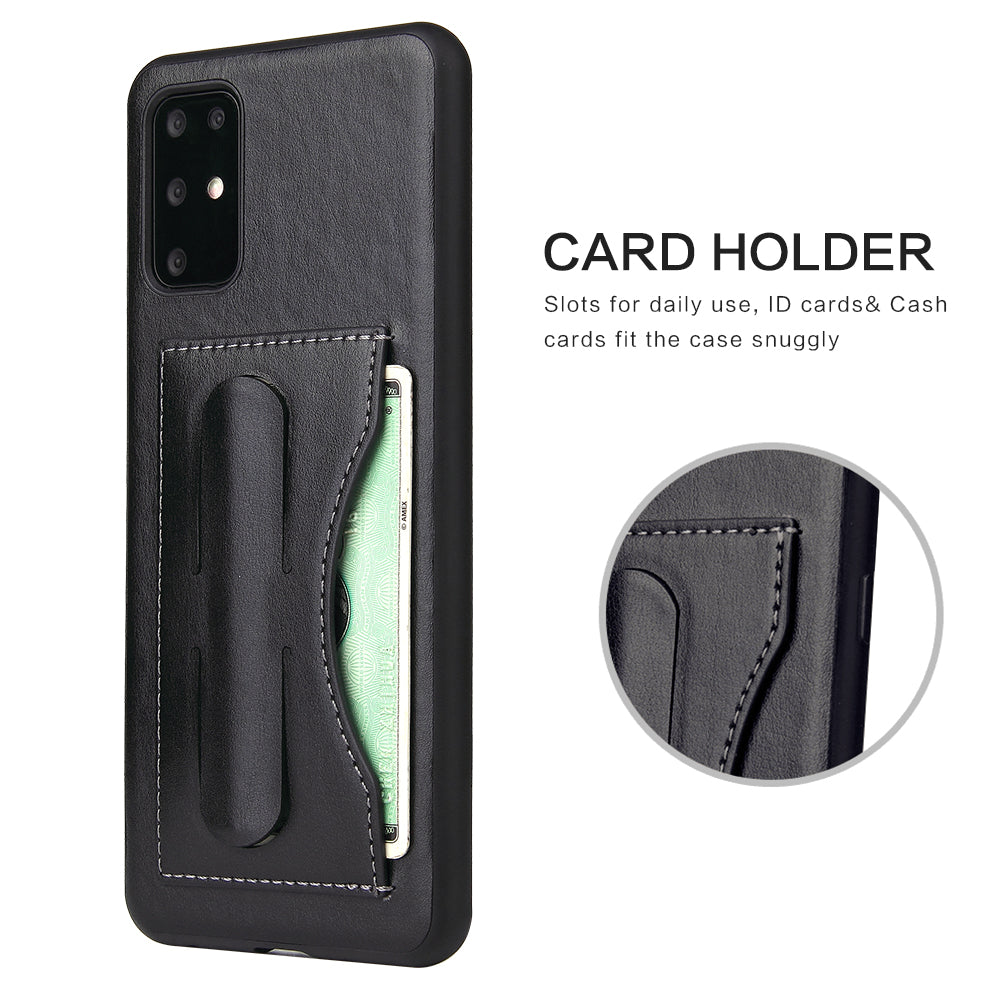 FIERRE SHANN PU Leather+PC+TPU Phone Back Case with Card Slot Kickstand for Samsung Galaxy S20 4G/S20 5G - Black