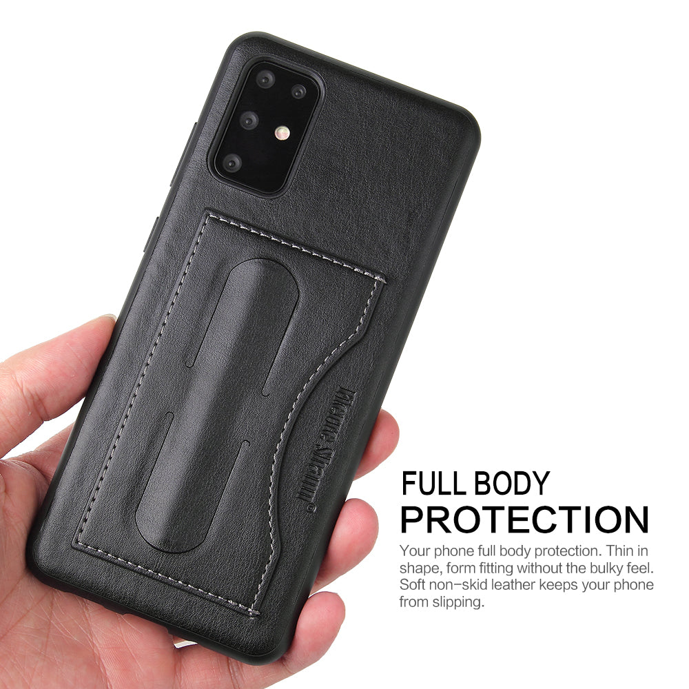 FIERRE SHANN PU Leather+PC+TPU Phone Back Case with Card Slot Kickstand for Samsung Galaxy S20 4G/S20 5G - Black