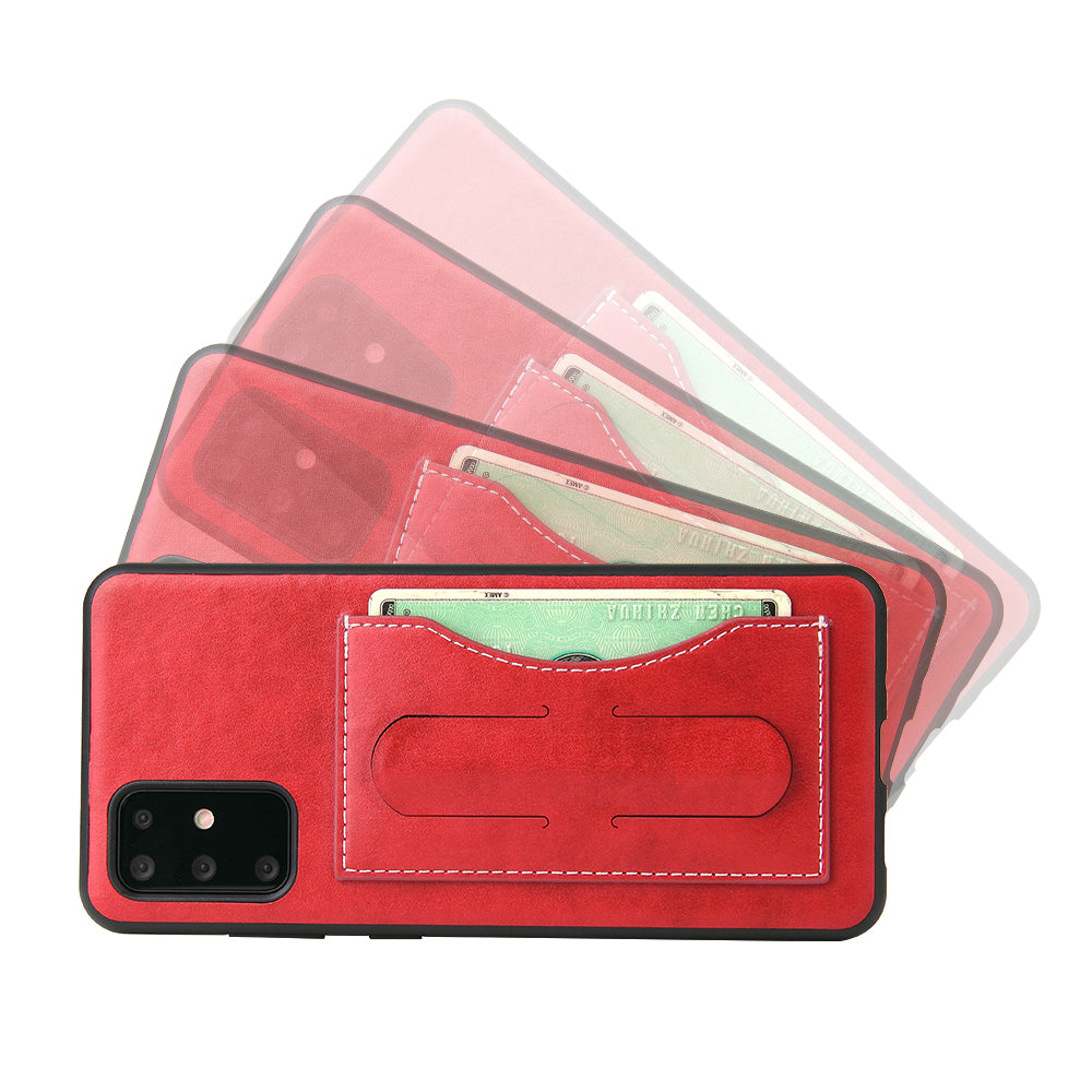 FIERRE SHANN PU Leather+PC+TPU Phone Back Case with Card Slot Kickstand for Samsung Galaxy S20 4G/S20 5G - Red