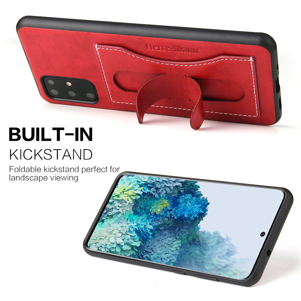 FIERRE SHANN PU Leather+PC+TPU Phone Back Case with Card Slot Kickstand for Samsung Galaxy S20 4G/S20 5G - Red