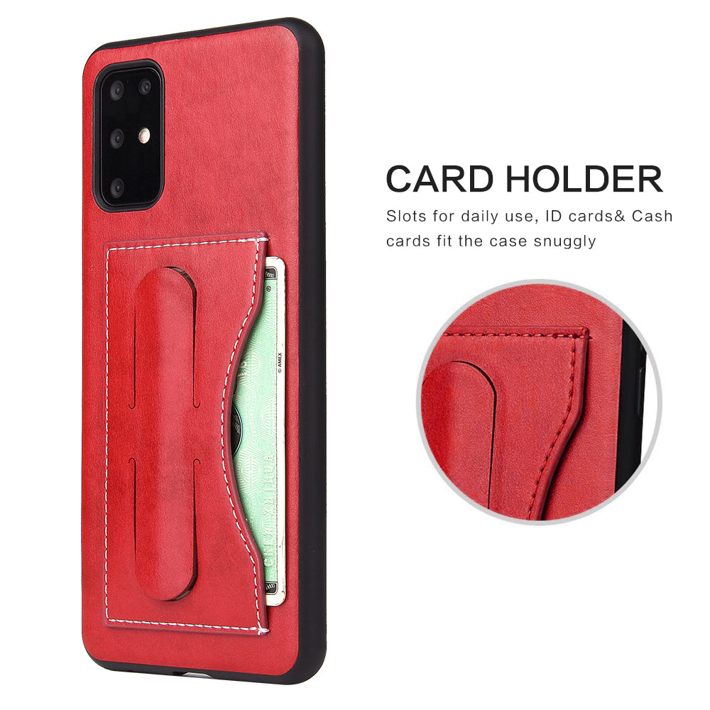 FIERRE SHANN PU Leather+PC+TPU Phone Back Case with Card Slot Kickstand for Samsung Galaxy S20 4G/S20 5G - Red