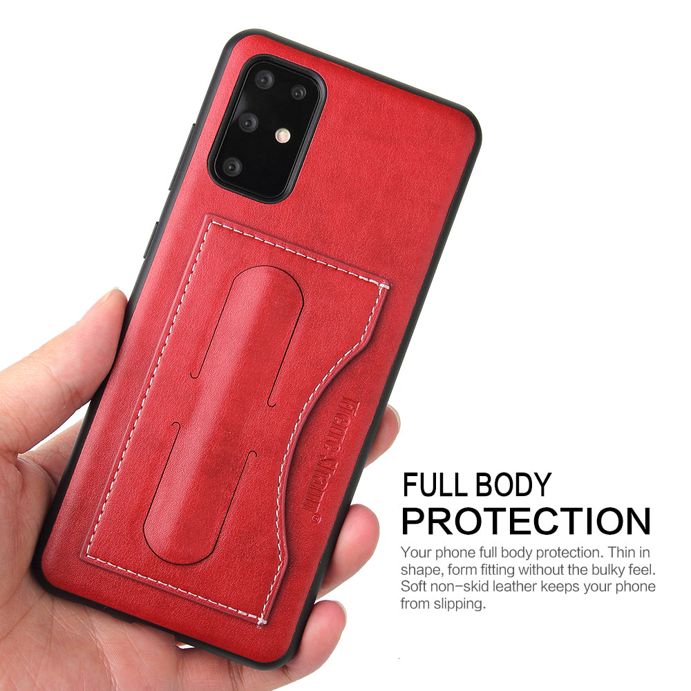 FIERRE SHANN PU Leather+PC+TPU Phone Back Case with Card Slot Kickstand for Samsung Galaxy S20 4G/S20 5G - Red