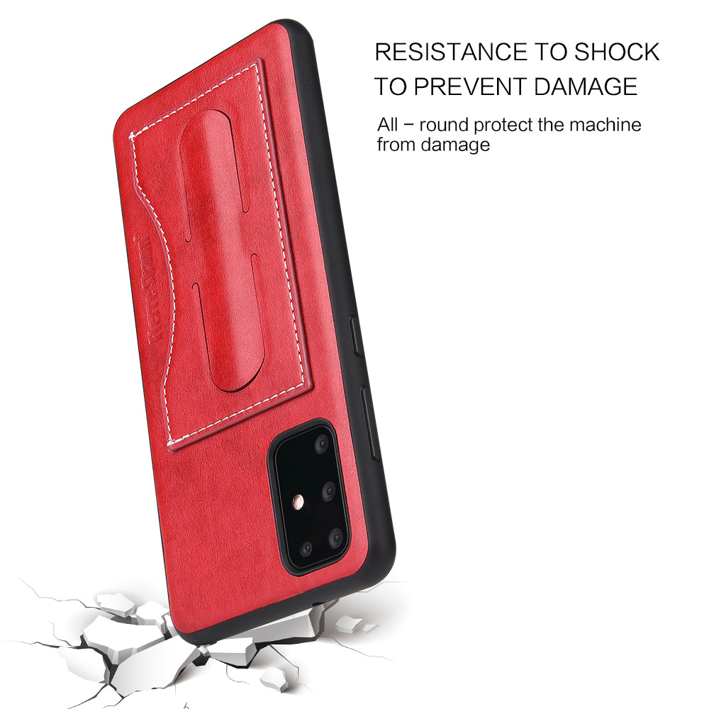 FIERRE SHANN PU Leather+PC+TPU Phone Back Case with Card Slot Kickstand for Samsung Galaxy S20 4G/S20 5G - Red