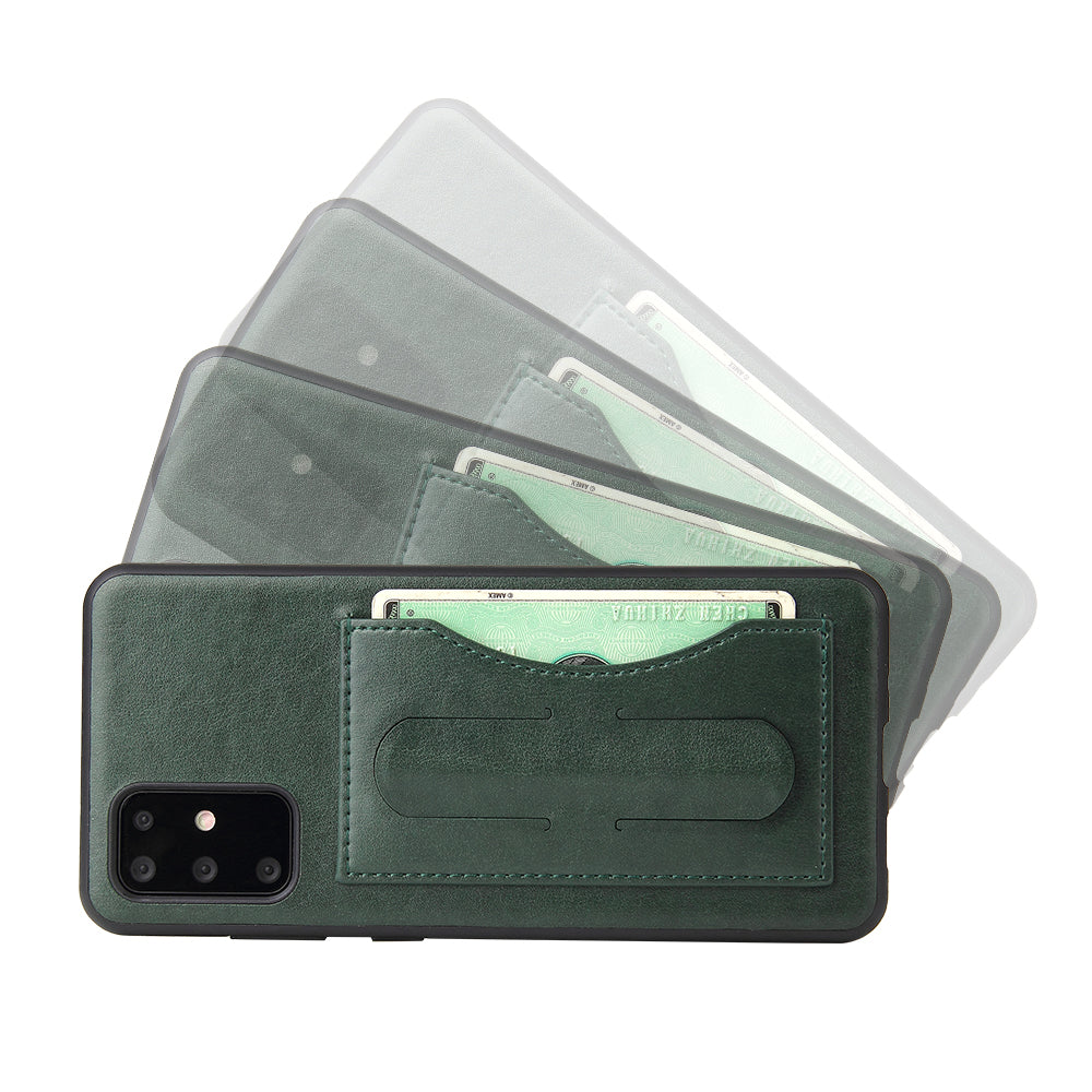 FIERRE SHANN PU Leather+PC+TPU Phone Back Case with Card Slot Kickstand for Samsung Galaxy S20 4G/S20 5G - Green