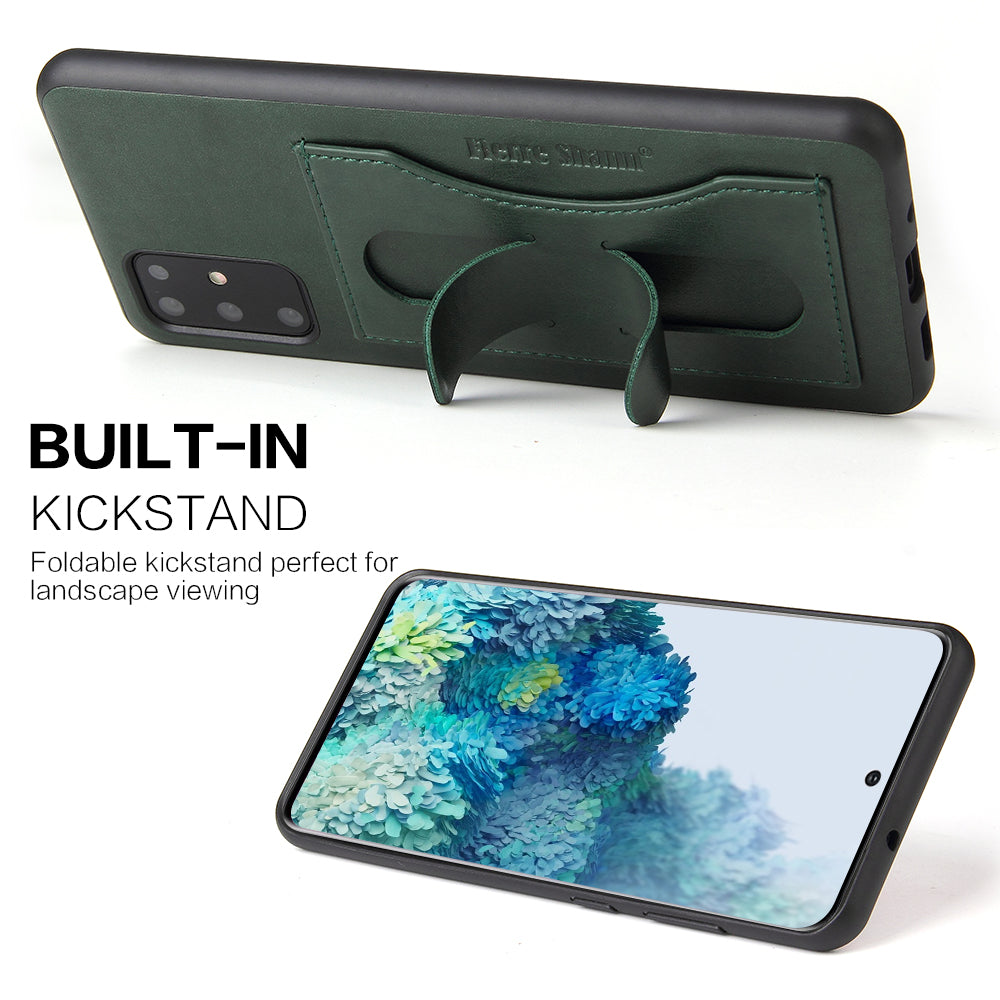 FIERRE SHANN PU Leather+PC+TPU Phone Back Case with Card Slot Kickstand for Samsung Galaxy S20 4G/S20 5G - Green