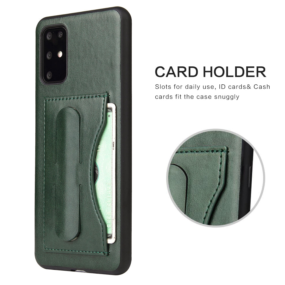 FIERRE SHANN PU Leather+PC+TPU Phone Back Case with Card Slot Kickstand for Samsung Galaxy S20 4G/S20 5G - Green