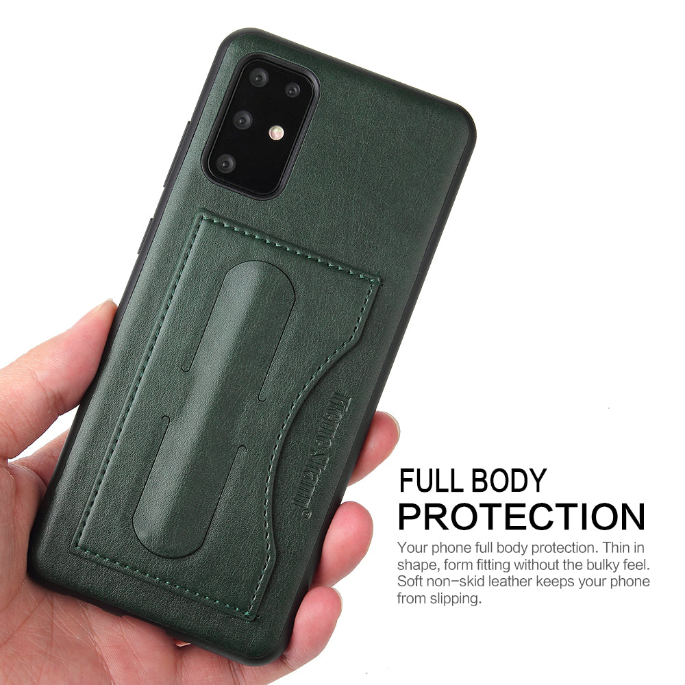 FIERRE SHANN PU Leather+PC+TPU Phone Back Case with Card Slot Kickstand for Samsung Galaxy S20 4G/S20 5G - Green