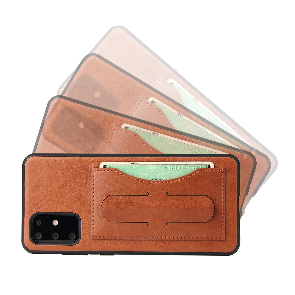 FIERRE SHANN PU Leather+PC+TPU Phone Back Case with Card Slot Kickstand for Samsung Galaxy S20 4G/S20 5G - Brown