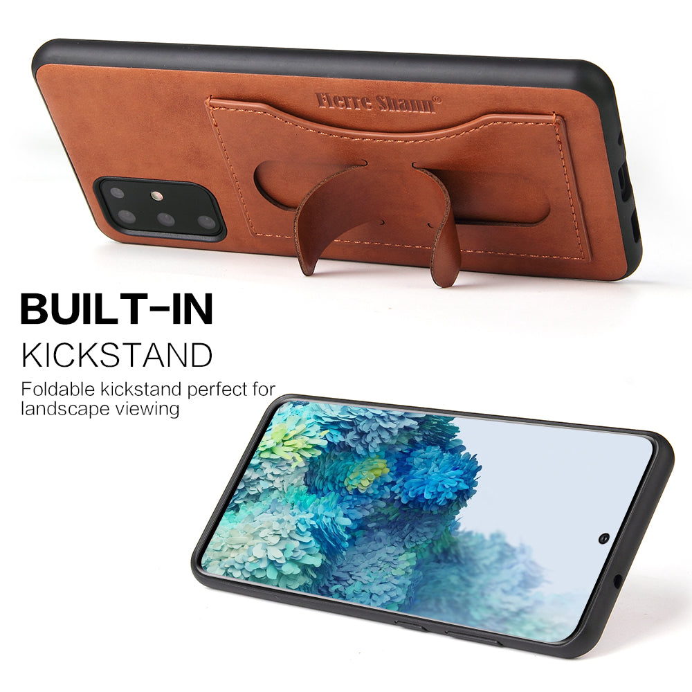 FIERRE SHANN PU Leather+PC+TPU Phone Back Case with Card Slot Kickstand for Samsung Galaxy S20 4G/S20 5G - Brown