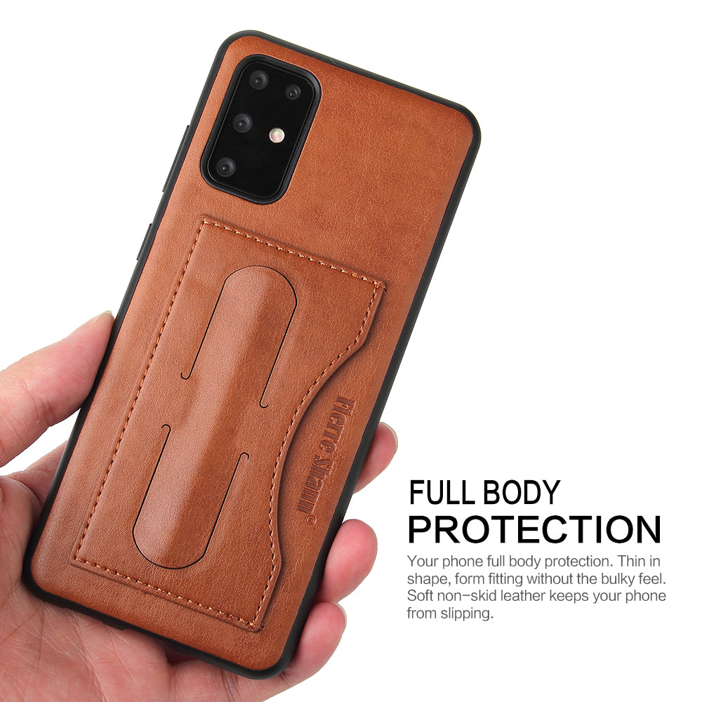 FIERRE SHANN PU Leather+PC+TPU Phone Back Case with Card Slot Kickstand for Samsung Galaxy S20 4G/S20 5G - Brown